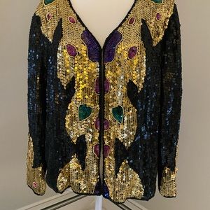 Sequined Jacket-Black with Gold, Green,Purple & Red Design.  Size XL Holiday Fun
